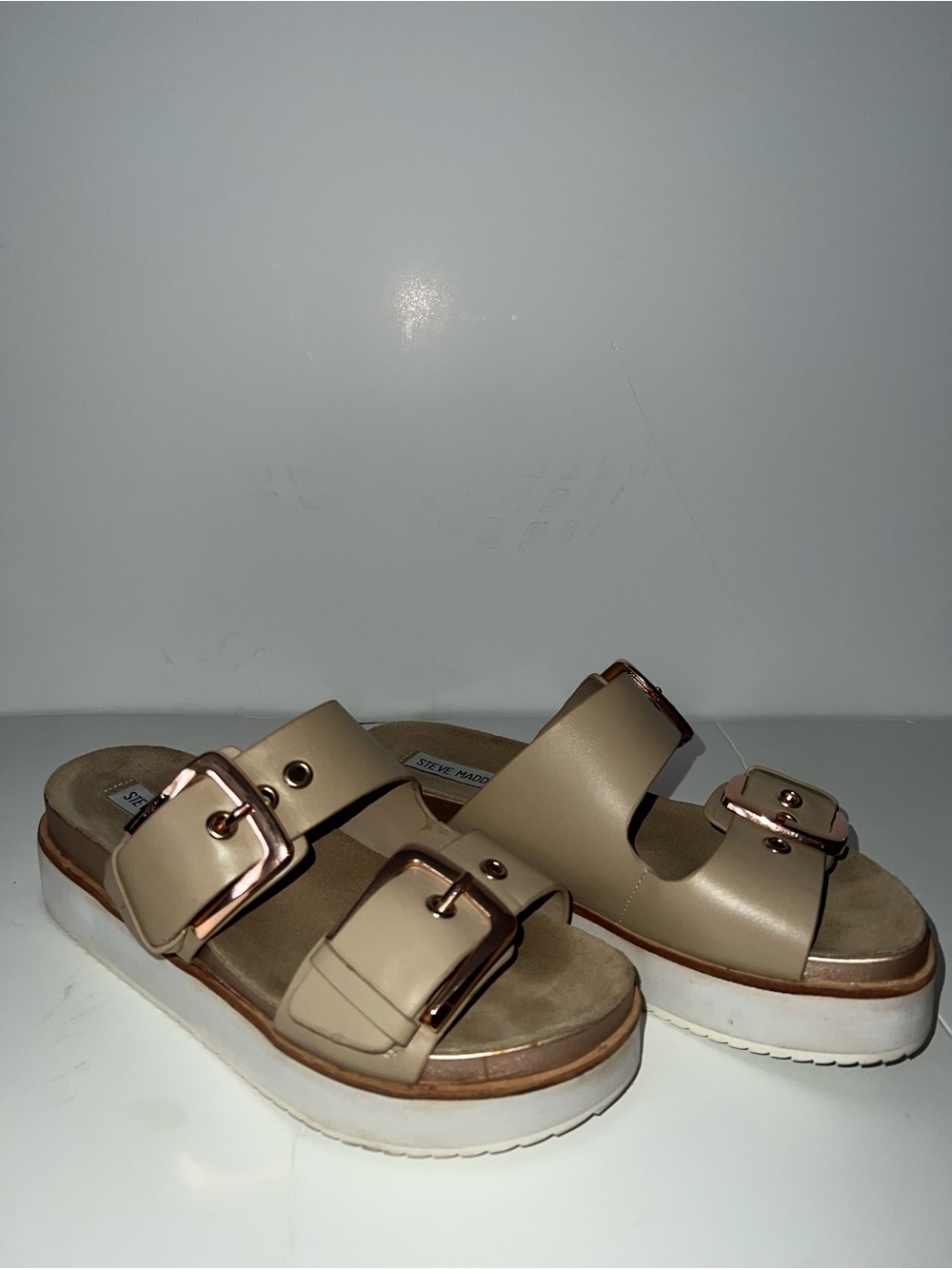 Steve Madden Beige Slide Sandals with Rose Gold Buckles